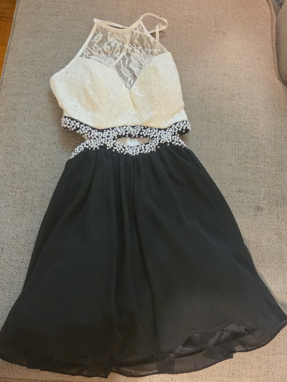 B Darlin Ivory Lace Bodice with Black Chiffon Skirt Pearl-Trim Prom Dress